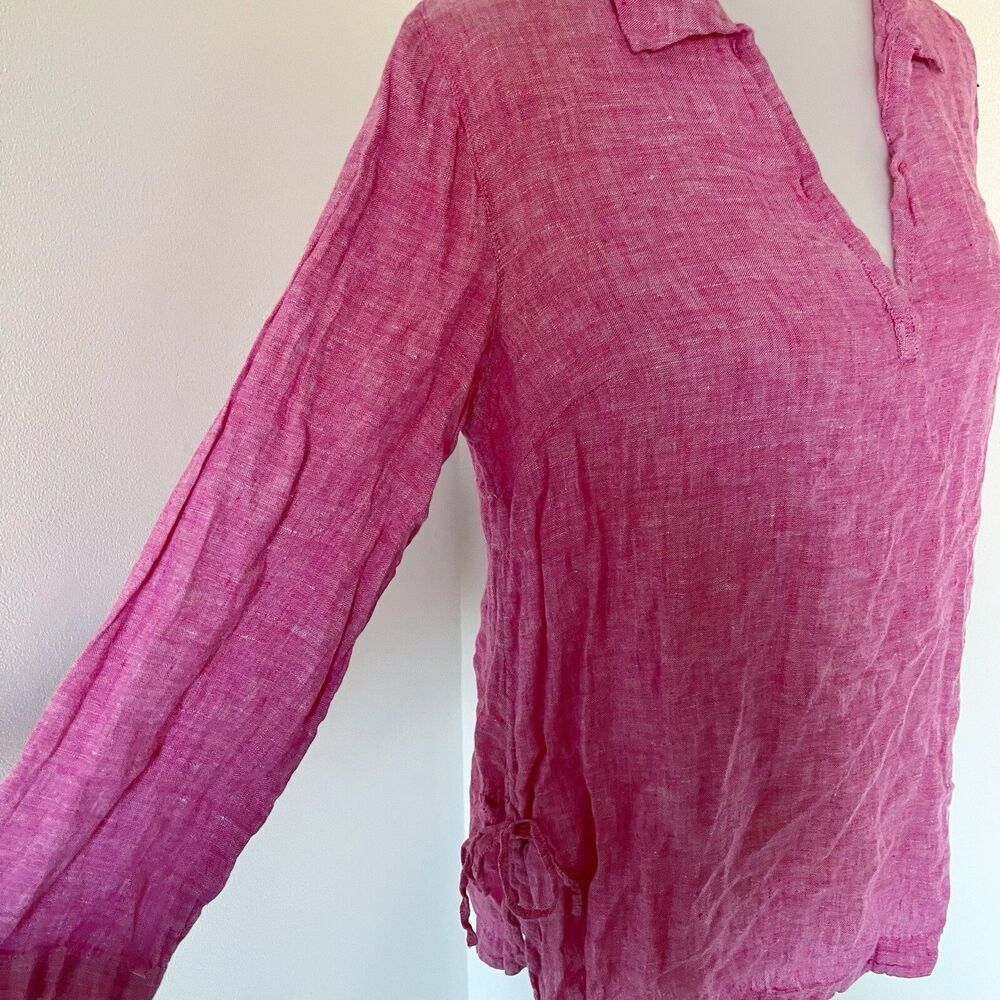 Isaac Mizrahi Linen Top Shirt Blouse 3/4 Sleeve Tie Side Tunic Pink M Medium - Picture 5 of 16